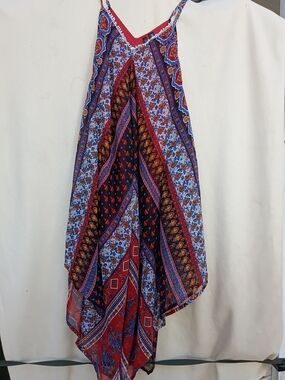 Asymmetrical Paisley Halter Dress in Red & Navy